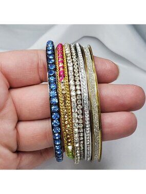 VTG 6 Multicolor Rhinestone Glitter & Metal Bangles Gold & Silver-Tone Mixed